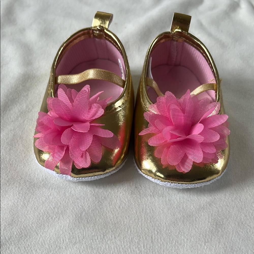 Gold and Pink Baby Walker Shoes with Floral Accent